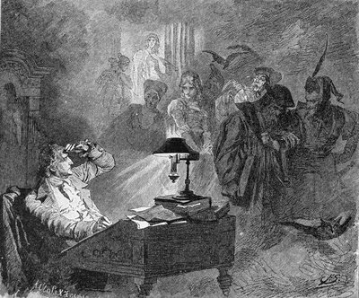 Porträt von Goethe umgeben von Faust-Charakteren Gravur von Unknown artist