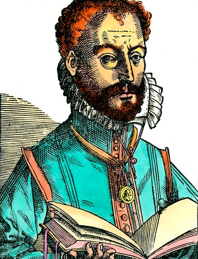 Porträt von Orlandus Lassus (1531-1594), Musiker der franko-belgischen Schule, der ein offenes Buch hält. Gravur aus dem 16. Jahrhundert von Unknown artist