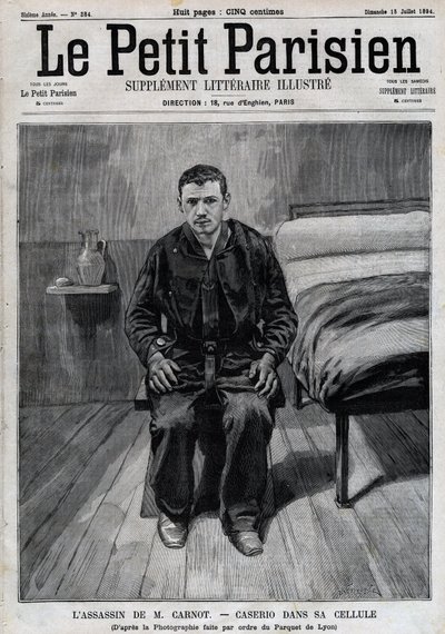 Porträt von Sante Caserio (1873-1894), italienischer Anarchist, Mörder von Sadi Carnot, im Gefängnis. Gravur in „Le Parisien“ von Unknown artist