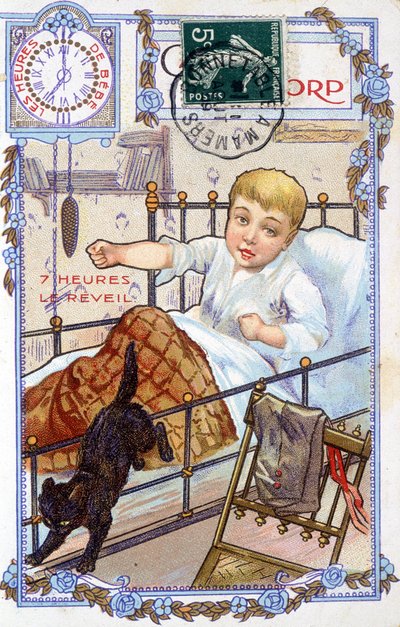 Postkarte zeigt den Tagesablauf eines Kindes. Um 7 Uhr wacht das Kind auf. von Unknown artist