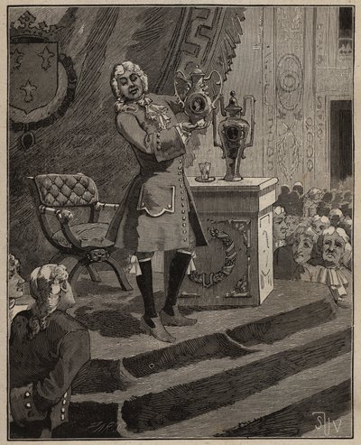 Töpferei: Pierre Joseph Macquer (1718-1784) präsentiert der Akademie das erste harte Porzellan, das 1769 von der Sevres-Fabrik in Frankreich hergestellt wurde. Gravur von 1885 in „Les arts et métiers illustrés“ von Adolphe Bitard. von Unknown artist