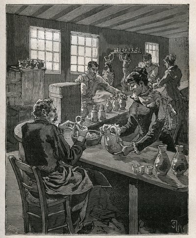 Töpferei: Töpferei füllen. Gravur von 1885 in „Les arts et métiers illustrés“ von Adolphe Bitard. von Unknown artist