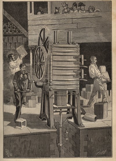 Töpferei: Mechanisches Formen von Hohlteilen. Gravur von 1885 in „Les arts et métiers illustrés“ von Adolphe Bitard. von Unknown artist