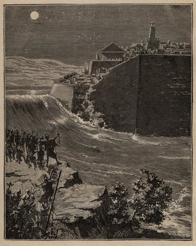 Töpferei: Rohziegel im antiken Griechenland. Die Armee von Pausanias (5. Jahrhundert v. Chr.) lenkt den Lauf eines Flusses um, um die Mauern aus Rohziegeln zu zerstören, die die Stadt Mantineia schützen. Gravur von 1885 in „Les arts et métiers illustrés“ v von Unknown artist