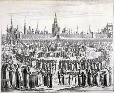 Prozession der Osterblumen vor dem Heiligen Erlösertor und dem Kreml in Moskau. Gravur aus dem 19. Jahrhundert von Unknown artist