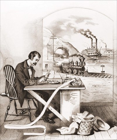 Fortschritt des Jahrhunderts (19. Jahrhundert): Morse-Telegraphie, Dampfschiff, Zug usw. Gravur des 19. Jahrhunderts von Unknown artist