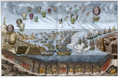Angriffsplan gegen England 1803 durch Napoleon I. - Französische Truppen marschieren durch den Kanaltunnel, während Schiffe und Ballons See- und Luftangriffe durchführen - Gravur von 1803 von Unknown artist