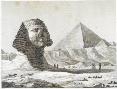 Pyramiden von Gizeh: Blick auf die Sphinx und die Große Pyramide, von Südosten aufgenommen - in „Beschreibung von Ägypten“, Kaiserliche Ausgaben von Unknown artist