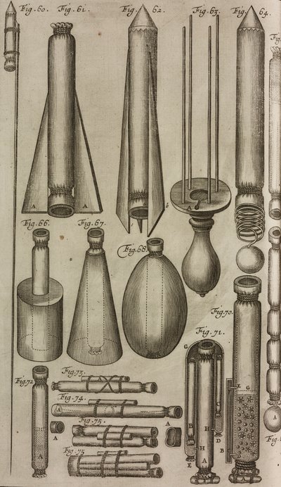 Pyrotechnische Raketen und Instrumente, Gravur aus Grand Art d