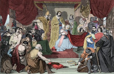 Königin Philippa bittet Edward III. um das Leben der Bürger von Calais - Die Königin von England Philippa von Hennegau (1314-1369) setzt sich für die Bürger von Calais vor ihrem Ehemann König Edward III. ein von Unknown artist