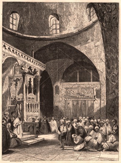 Rabbi und Gemeinde in einer Synagoge in Jerusalem von Unknown