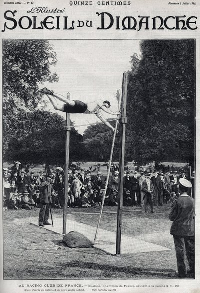 Racing Club von Frankreich. Sheldon, französischer Meister, springt 2,95 m im Stabhochsprung. Gravur in „Le sun-du-dimanche“, 2. Juli von Unknown artist