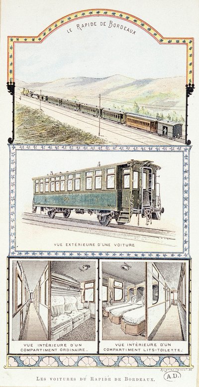 Eisenbahnen von Orléans: Außen- und Innenansichten der Bordeaux-Schnellwagen von Unknown artist