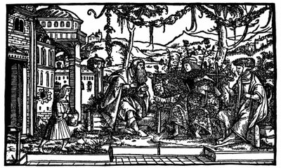 Raphaël Hythlodée, ein Reisender, der fünf Jahre in Utopia verbrachte, erzählt Thomas More und Pierre Gilles von seiner Reise. Holzschnitt, veröffentlicht in der Ausgabe von „Utopia“ von Thomas More (1478 - 1535) von 1516. von Unknown artist