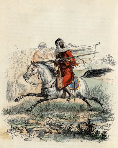 Rote Reiter von Emir Abd-el-Kader, verfolgt von berittenen Jägern der französischen Armee in Oran 1841, in „L
