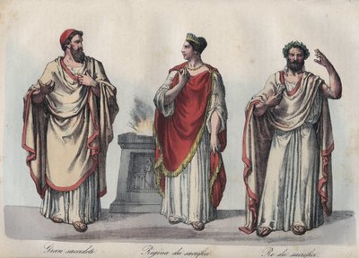 Religion im antiken Rom - Römischer Priester - Regina sacrorum - Rex Sacrorum (rex sacrificulus) - Gravur aus „Usi e Costumi di Tutti i Popoli dell