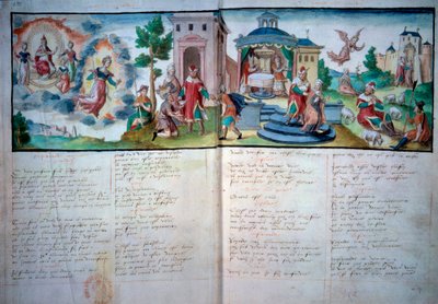Religiöses Theater: „Passion und Auferstehung“ gespielt in Valenciennes im Jahr 1547. Manuskriptseite mit Aquarell, Paris, B.N. von Unknown artist