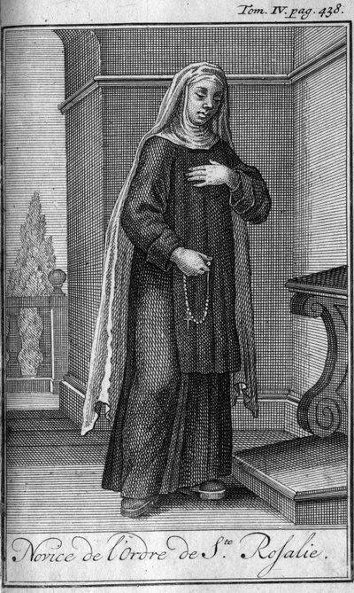 Religiöser Orden. Novize des Ordens von St. Rosalia in Palermo auf Sizilien im 17. Jahrhundert. In "Geschichte der militärischen Orden oder Ritter, der sicheren und routinemäßigen Milizen beider Geschlechter, die bisher gegründet wurden. Ausgabe von Abbe G von Unknown artist