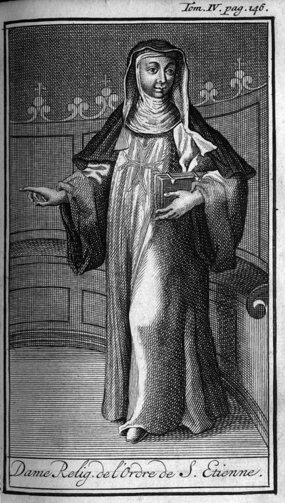 Religiöser Orden. Religiöse Dame des Ordens von St. Stephan in der Toskana im 16. Jahrhundert. In „History of Military Orders or Knights, Seculiere and Regular Militia of both sexes, which have been established so far. Edition taken from Abbe Giustiniani,  von Unknown artist