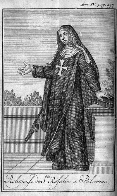 Religiöser Orden. Religiöse der heiligen Rosalia in Palermo auf Sizilien im 17. Jahrhundert. In „Geschichte der militärischen Orden oder Ritter, der sicheren und routinemäßigen Milizen beider Geschlechter, die bisher gegründet wurden. Ausgabe von Abbe Gius von Unknown artist