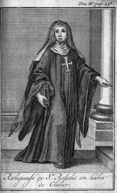 Religiöser Orden. Religiöse der heiligen Rosalie in Chorkleidung in Palermo auf Sizilien im 17. Jahrhundert. In „Geschichte der militärischen Orden oder Ritter, der sicheren und routinemäßigen Milizen beider Geschlechter, die bisher gegründet wurden. Ausga von Unknown artist