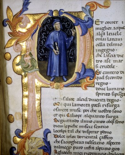 Darstellung des Dichters Dante Alighieri (1265 - 1321) in einer Initiale, Miniatur des 14. Jahrhunderts. von Unknown artist