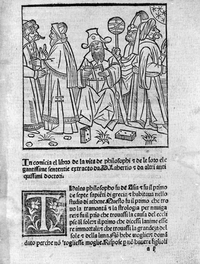 Darstellung von Diogenes Laertius (120-240) (Mitte) umgeben von verschiedenen Denkern und Philosophen. Seite aus „Leben, Lehren und Meinungen berühmter Philosophen“ (Vitae Philosophorum) von Dichter und Historiker Diogenes Laertius (120-240) 1495 von Unknown artist