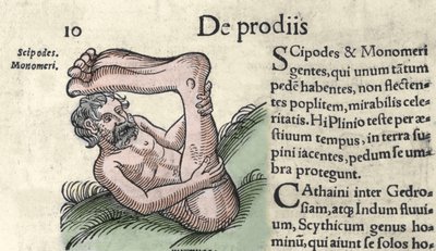 Darstellung eines Sciapod-Monsters Gravur aus „Das Buch der Prodigiorum ac ostentorum Chronicon Basileae“ von Wolfhart (Conrad Lycosthene) 1557 von Unknown artist