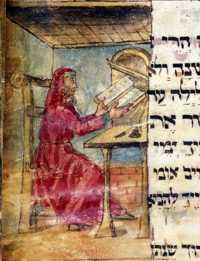 Darstellung eines Rabbiners, der die heiligen Schriften studiert. Miniatur aus dem Manuskript des 15. Jahrhunderts. Biblioteca Estense, Modena von Unknown artist