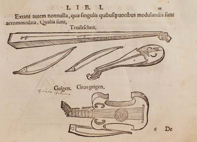 Darstellung von Streichinstrumenten und Bogenschützen. Seite aus Musurgia, praktische Anleitung zur Musik von Unknown artist