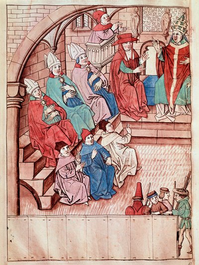 Darstellung des Konzils von Konstanz zwischen 1414 und 1418, oben Papst Martin V. Miniatur aus den Chroniken des Konzils von Konstanz von Ulrich Richental (1360-1437) um 1438 von Unknown artist