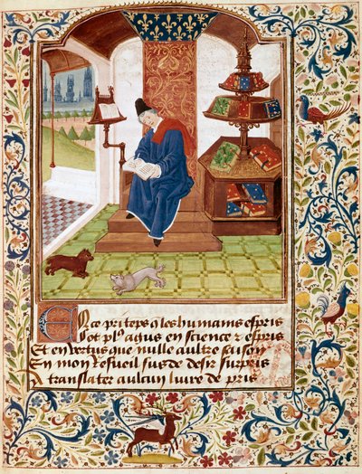 Darstellung des Autors, der in seinem Büro schreibt Miniatur aus „Blumen aller Tugenden“ oder „Rosenkranz der Tugenden“ (Ms 291) von Unknown artist