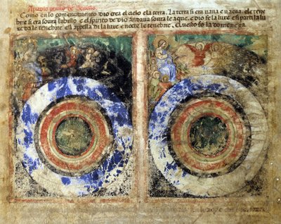 Darstellung der Erschaffung der Welt. Genesis. Miniatur aus Codex 212 (oder Padovano Codice oder Bibel von Padua) 1390-1400 Rovigo, Accademia dei Concordi von Unknown artist