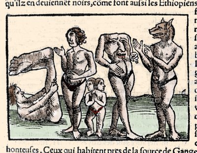 Darstellung der von Amerigo Vespucci (1451-1512) beschriebenen Monster: von links nach rechts: ein Manopod, ein Zyklop, ein Mann mit zwei Köpfen, ein Mann ohne Kopf und ein Mann mit einem Hundekopf oder Kynokephalus. Xylografie aus Sebastien Munsters „Univ von Unknown artist