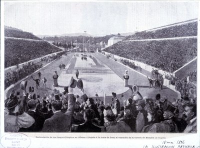 Wiederherstellung der Olympischen Spiele in Athen: Ankunft von Lues, Marathon-Sieger von Unknown artist