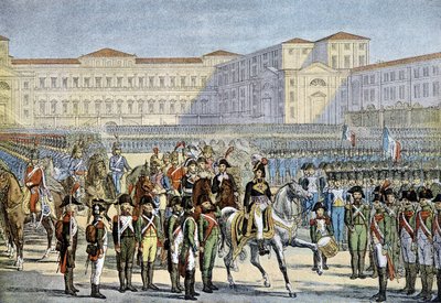 Überprüfung der italienischen Armee in Mailand durch General Murat (1800) - Lithographie von Unknown artist
