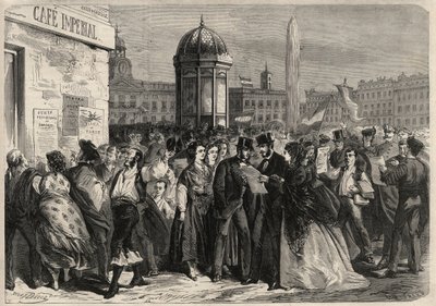 Revolution vom September 1868 in Spanien (Gloriosa): Verlesung des Manifests der Junta in der Straße von Alcala in Madrid. Gravur in „L