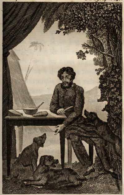 Robinson Crusoes Hunde warten darauf, dass er ihnen einige Stücke zu essen wirft, Gravur eingefügt in Daniel Defoes „Die Abenteuer von Robinson Crusoe“ (1660-1731), Ausgabe der Bildungsbuchhandlung, Paris 1838. Selva-Sammlung von Unknown artist