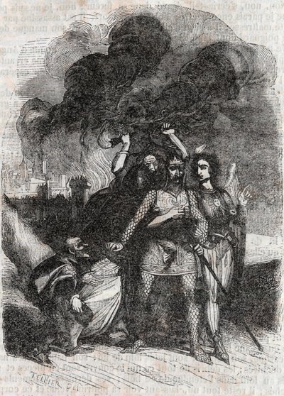 Rodomont verlässt Paris - Gravur von 1851 aus „Roland der Rasende“ (Orlando furioso) (16. Jahrhundert) von Ludovico Ariosto, bekannt als der Ariosta - Ausgabe, übersetzt aus dem Italienischen von Graf von Tressan und veröffentlicht von Gustave Harvard 1851 von Unknown artist
