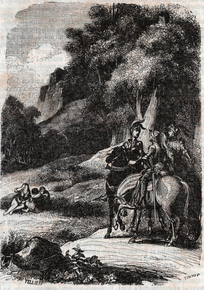 Roger, Marphise und die drei Frauen - Gravur von 1851 aus „Roland furieux“ (Orlando furioso) (16. Jahrhundert) von Ludovico Ariosto, bekannt als Ariosto - Ausgabe übersetzt aus dem Italienischen von Graf von Tressan und veröffentlicht von Gustave Harvard von Unknown artist