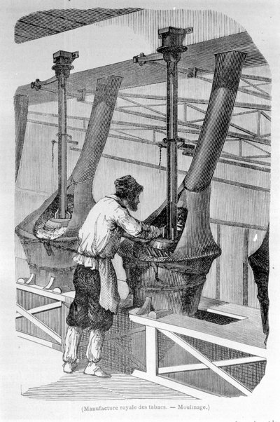 Königliche Tabakfabrik: Tabakmahlen. Gravur aus dem 19. Jahrhundert von Unknown artist