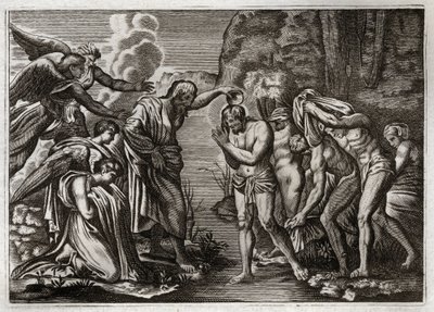 Royaumont-Bibel, Neues Testament: Taufe Jesu Christi. Johannes der Täufer tauft Jesus Christus im Jordan. Illustration von 1811. von Unknown artist