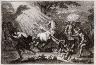 Royaumont-Bibel, Neues Testament: Bekehrung des heiligen Paulus auf dem Weg nach Damaskus. Er hört die Stimme von Jesus Christus, die zu ihm sagt: „Saul, Saul, warum verfolgst du mich?“ und ein Pferd fällt. Illustration von 1811 von Unknown artist