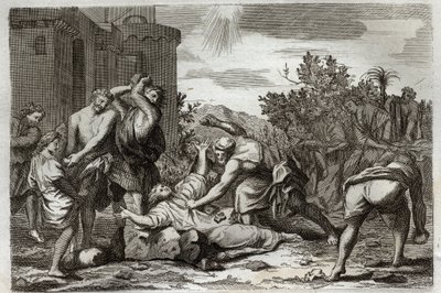 Royaumont-Bibel, Neues Testament: Tod des heiligen Stephanus, erster christlicher Märtyrer, durch Steinigung. Illustration von 1811. von Unknown artist