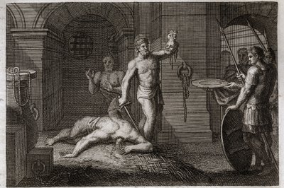 Royaumont-Bibel, Neues Testament: Enthauptung von Johannes dem Täufer. Man legt seinen Kopf auf ein Tablett. Illustration von 1811. von Unknown artist
