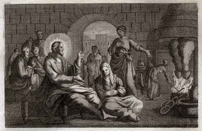 Bibel von Royaumont, Neues Testament: Martha und Maria. Jesus Christus betritt das Haus von Martha, die sich beeilt, ihn zu empfangen, während ihre Schwester Maria von Bethanien seinem Wort lauscht. Illustration von 1811. von Unknown artist