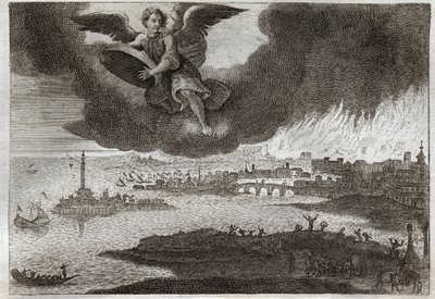 Royaumont-Bibel, Neues Testament: Ruine von Babylon. Babylon in Flammen, ein Engel wirft einen Stein ins Meer, symbolisiert die Zerstörung dieser Stadt während der Offenbarung. Illustration von 1811. von Unknown artist