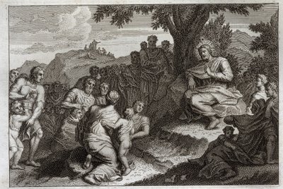 Royaumont-Bibel, Neues Testament: Bergpredigt. Jesus Christus wählt zwölf Apostel aus seinen Jüngern und hält vor ihnen und vor einer großen Menge die Predigt, die gewöhnlich Bergpredigt genannt wird. Illustration von 1811. von Unknown artist