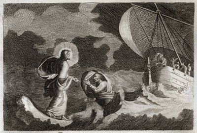Royaumont-Bibel, Neues Testament: St. Peter geht auf dem Wasser. Jesus Christus geht auf dem Meer und lässt den heiligen Petrus darauf gehen. Illustration von 1811. von Unknown artist