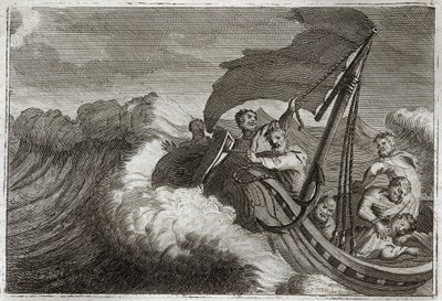 Royaumont-Bibel, Neues Testament: Sturm beruhigt. Die Apostel werden von einem Sturm überrascht, wecken Jesus Christus, der in ihrem Schiff schläft, und er beruhigt auch das Meer von Galiläa. Illustration von 1811. von Unknown artist